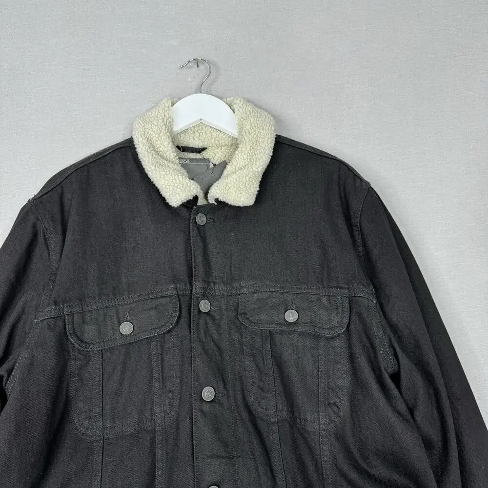 ASOS Womens Jean‎ Jacket 2XL Black Faux Fur Sherpa Lined Denim Trucker Barn Coat